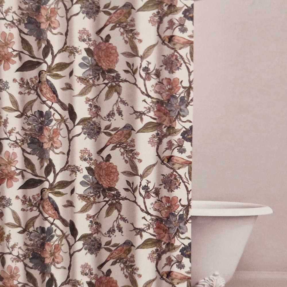 Envogue Botanical Bird Shower Curtain - Pink, Blue, Cream
